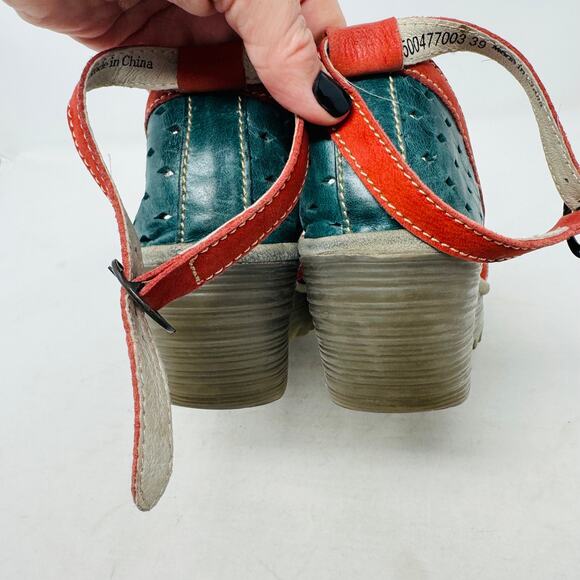 Fly London Ydel Teal and Red Leather Wedge Sandals Size 39 - Picture 8 of 13